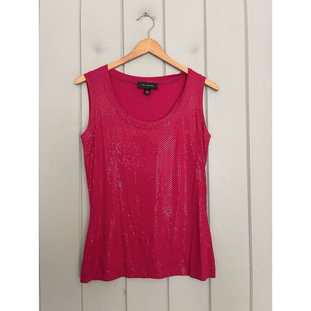 St. John Black Label Shell Tank Top P Petite Fuchsia Pink Paillettes Evening